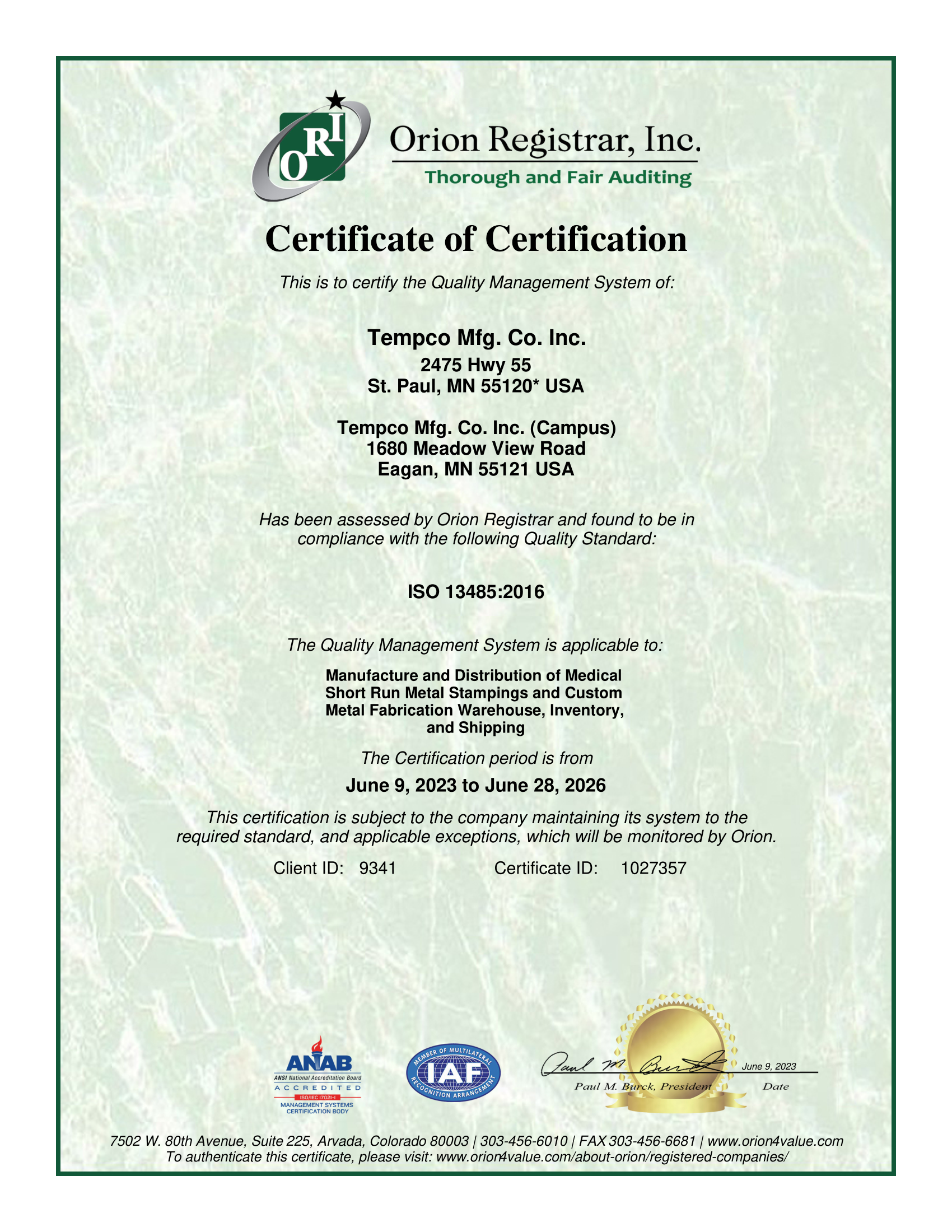 Tempco ISO 13485 Certification