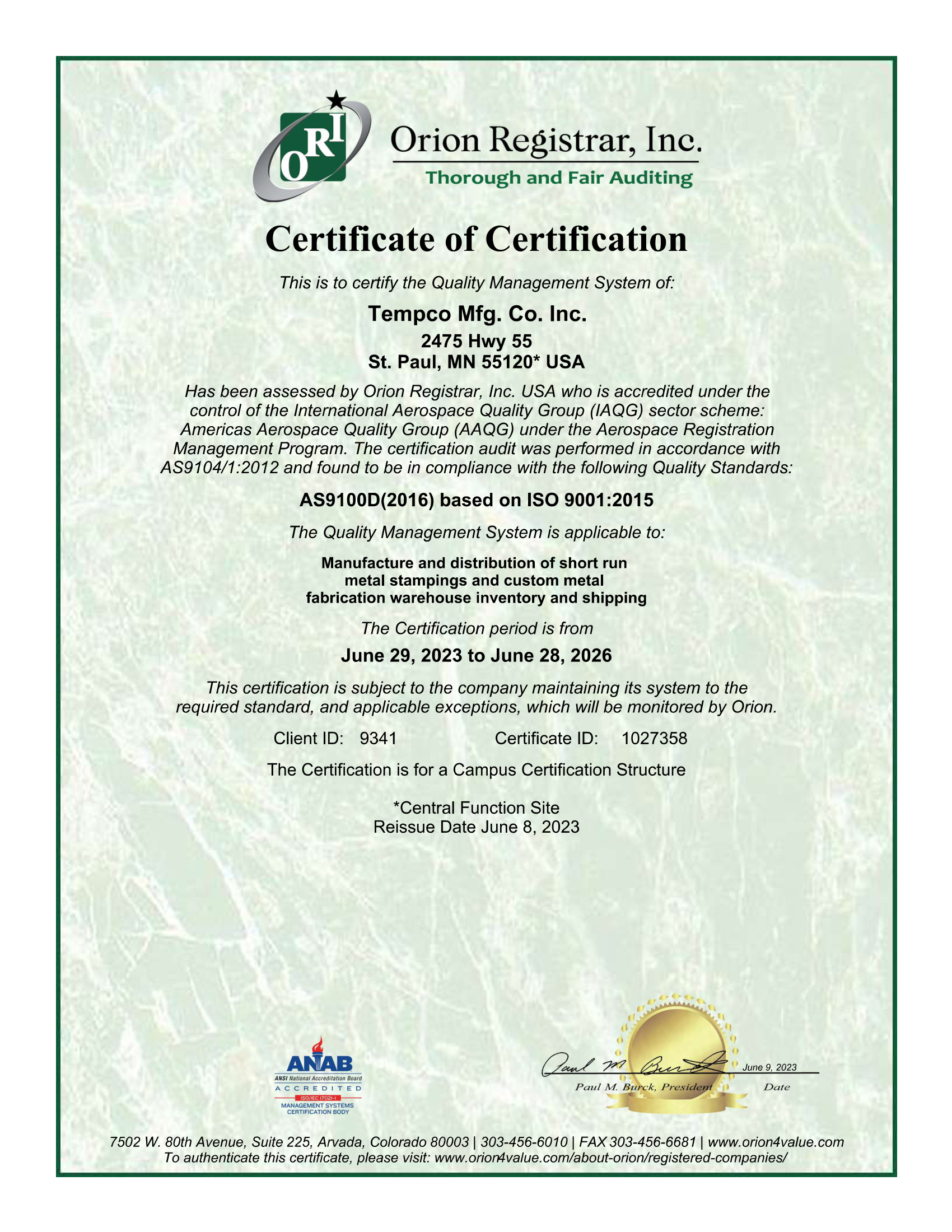 Tempco ISO AS9100D 2016 Certificate
