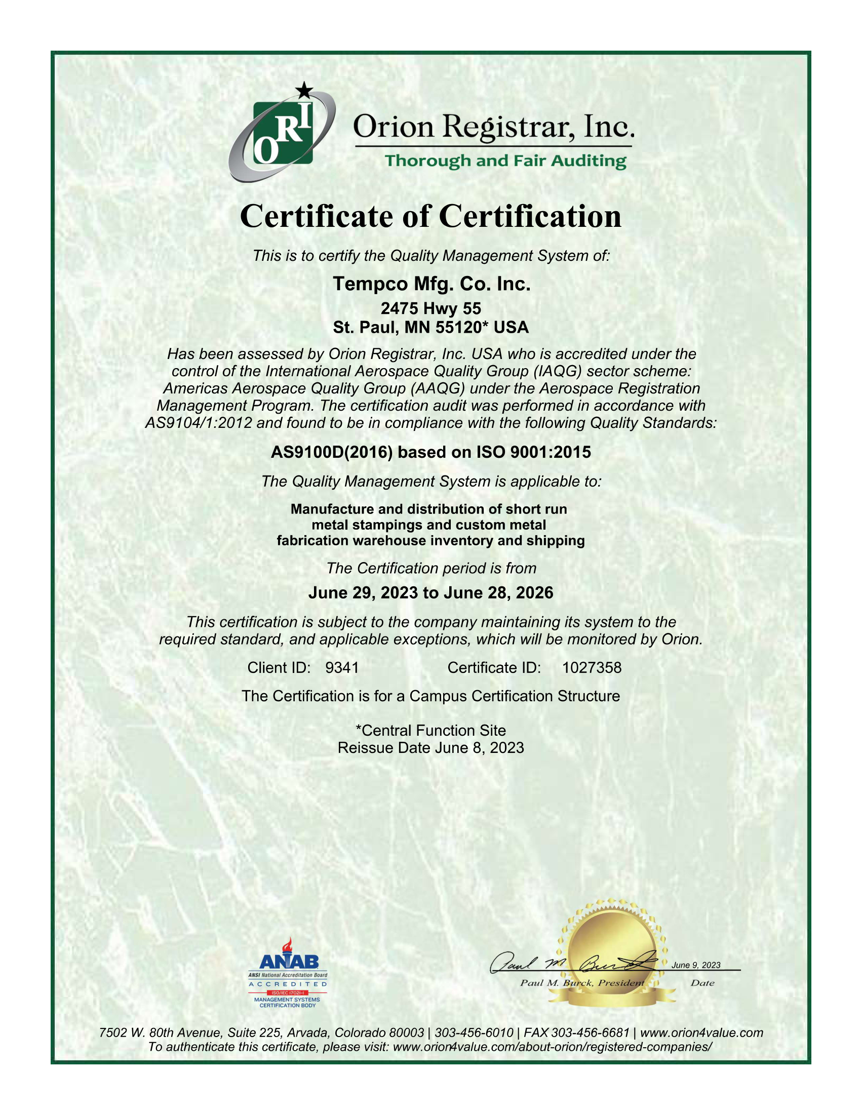 Tempco Certification ISO 13485:2016